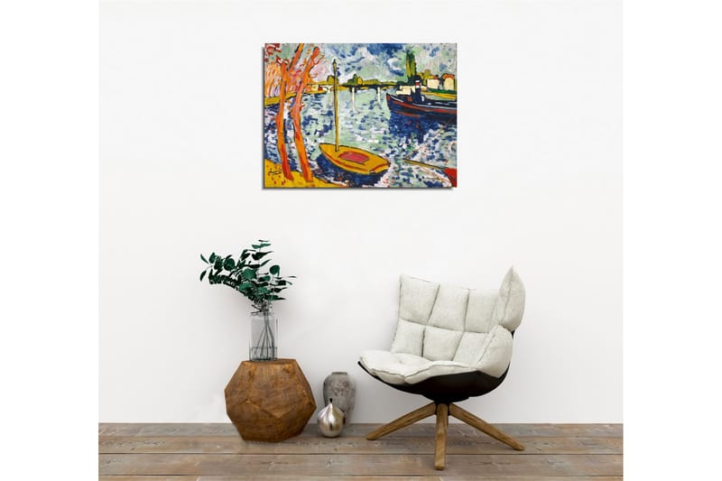 Lærredsbillede - Farverig havn med sejlbåde og træer i forgrunden - Blå / Orange / Grøn - Boligtilbehør - Billeder & kunst - Billeder på lærred