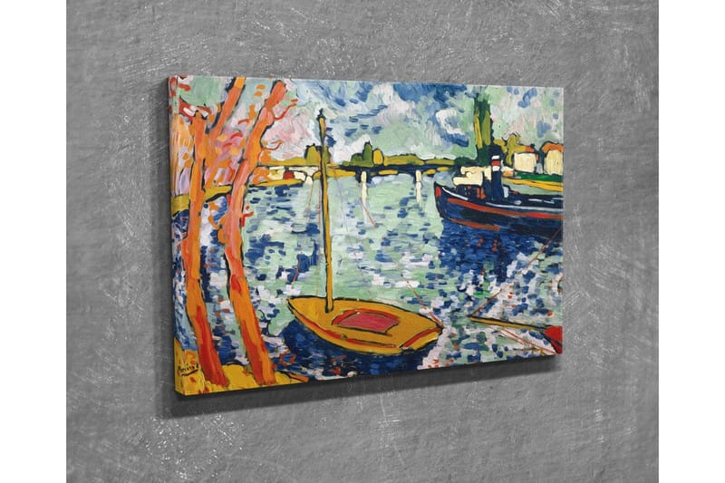 Lærredsbillede - Farverig havn med sejlbåde og træer i forgrunden - Blå / Orange / Grøn - Boligtilbehør - Billeder & kunst - Billeder på lærred