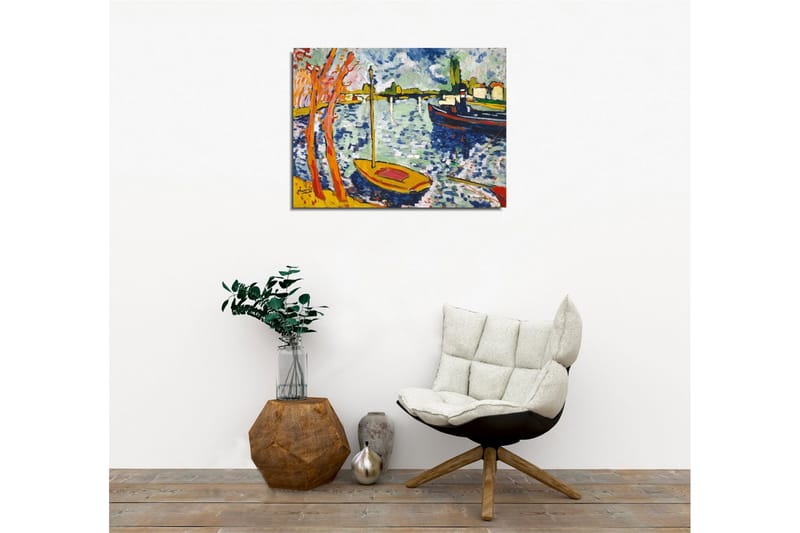 Lærredsbillede - Farverig havn med sejlbåde og træer i forgrunden - Blå / Orange / Grøn - Boligtilbehør - Billeder & kunst - Billeder på lærred