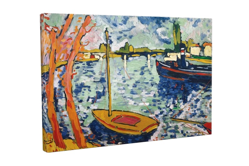 Lærredsbillede - Farverig havn med sejlbåde og træer i forgrunden, Blå / Orange / Grøn