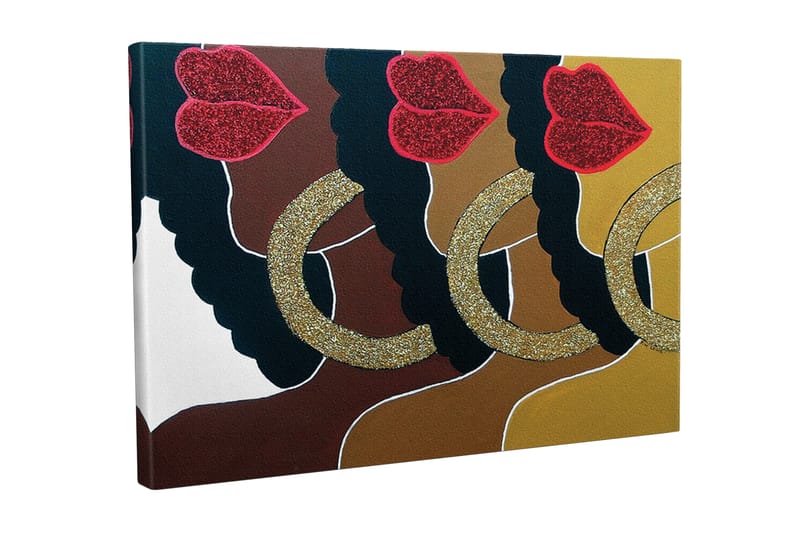 Lærredsbillede - Farverig komposition af ansigter med glitrende læber og store øreringe, Mørkebrun / Guld / Rød