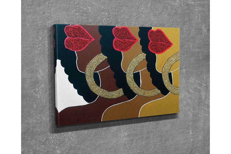Lærredsbillede - Farverig komposition af ansigter med glitrende læber og store øreringe - Mørkebrun / Guld / Rød - Boligtilbehør - Billeder & kunst - Billeder på lærred