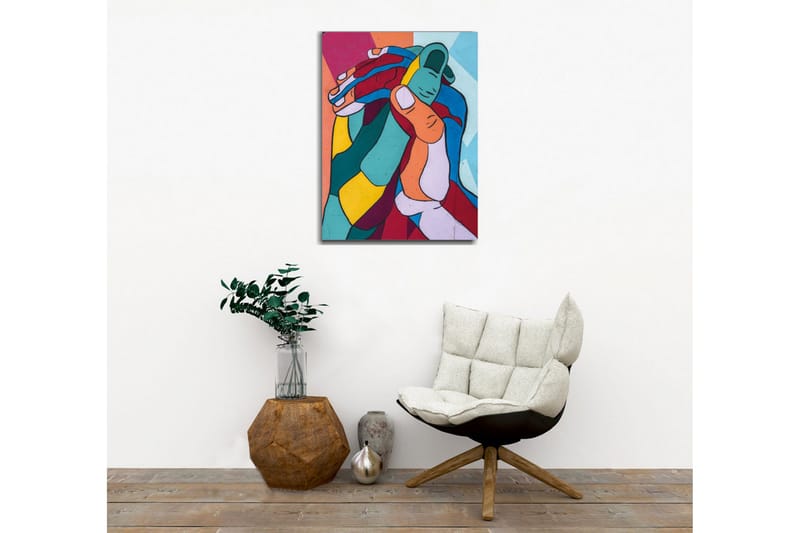 Lærredsbillede - Farverig komposition af sammenflettede hænder - Turkis / Rød / Gul - Boligtilbehør - Billeder & kunst - Billeder på lærred