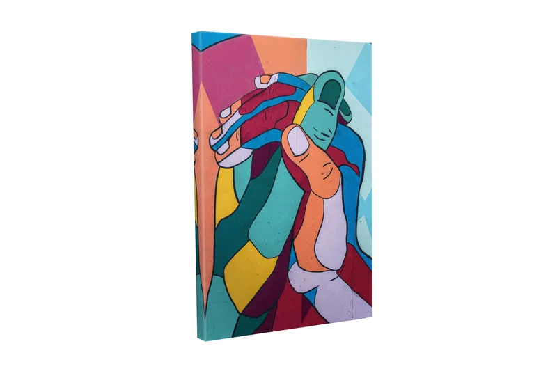 Lærredsbillede - Farverig komposition af sammenflettede hænder, Turkis / Rød / Gul