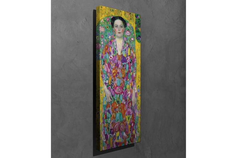 Lærredsbillede - Farverig kvinde i blomstret kjole omgivet af en grøn baggrund - Gul / Grøn / Lyserød - Boligtilbehør - Billeder & kunst - Billeder på lærred