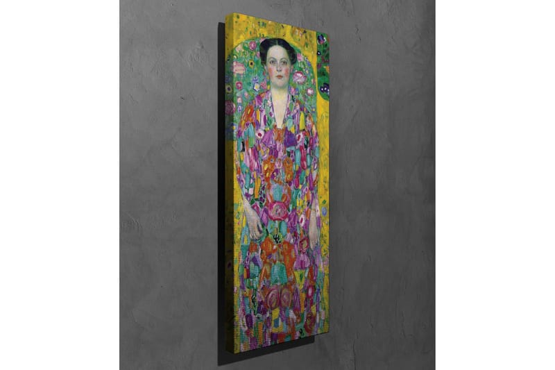 Lærredsbillede - Farverig kvinde i blomstret kjole omgivet af en grøn baggrund - Gul / Grøn / Lyserød - Boligtilbehør - Billeder & kunst - Billeder på lærred