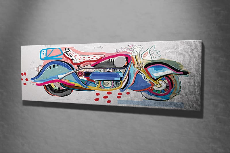 Lærredsbillede - Farverig motorcykel i en legende stil - Blå / Lyserød / Rød - Boligtilbehør - Billeder & kunst - Billeder på lærred