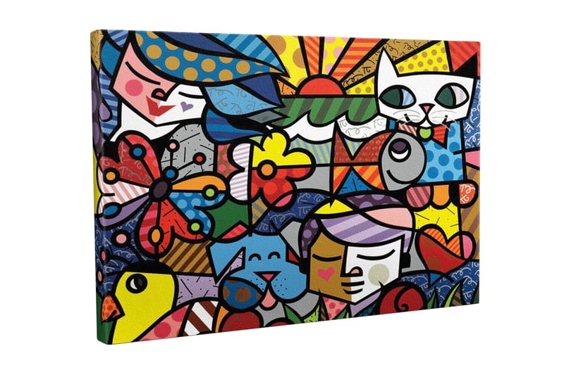 Lærredsbillede - Farverig samling af dyr og mennesker i en legende komposition, Rød / Blå / Gul