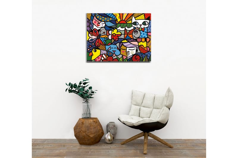 Lærredsbillede - Farverig samling af dyr og mennesker i en legende komposition - Rød / Blå / Gul - Boligtilbehør - Billeder & kunst - Billeder på lærred