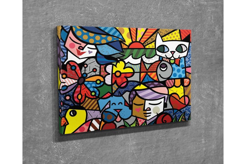 Lærredsbillede - Farverig samling af dyr og mennesker i en legende komposition - Rød / Blå / Gul - Boligtilbehør - Billeder & kunst - Billeder på lærred