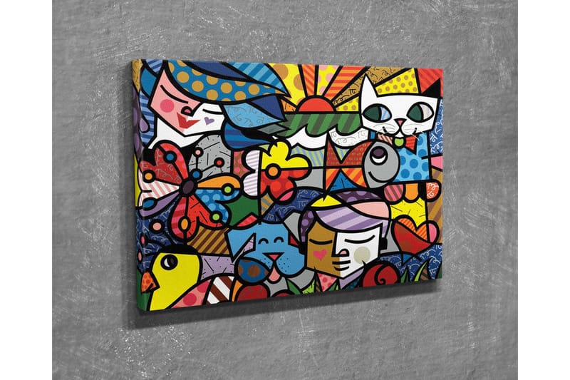 Lærredsbillede - Farverig samling af dyr og mennesker i en legende komposition - Rød / Blå / Gul - Boligtilbehør - Billeder & kunst - Billeder på lærred