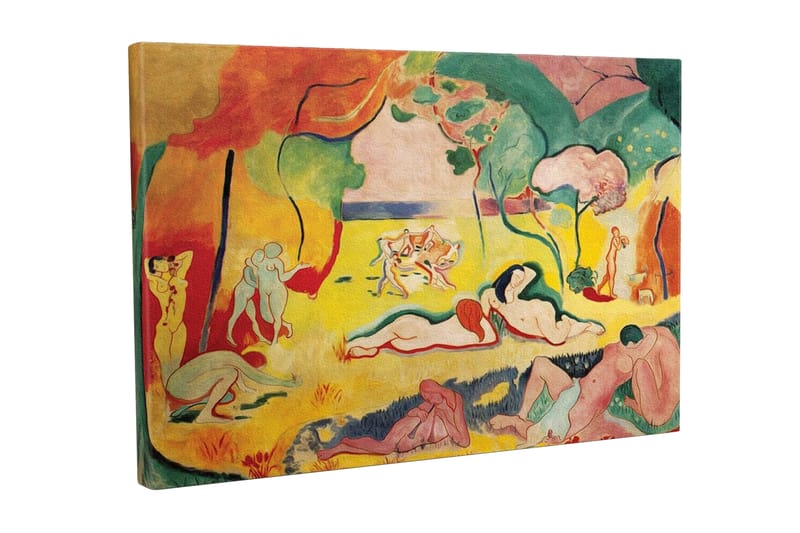 Lærredsbillede - Farverig skildring af nøgne figurer i et naturscene, Gul / Rød / Grøn