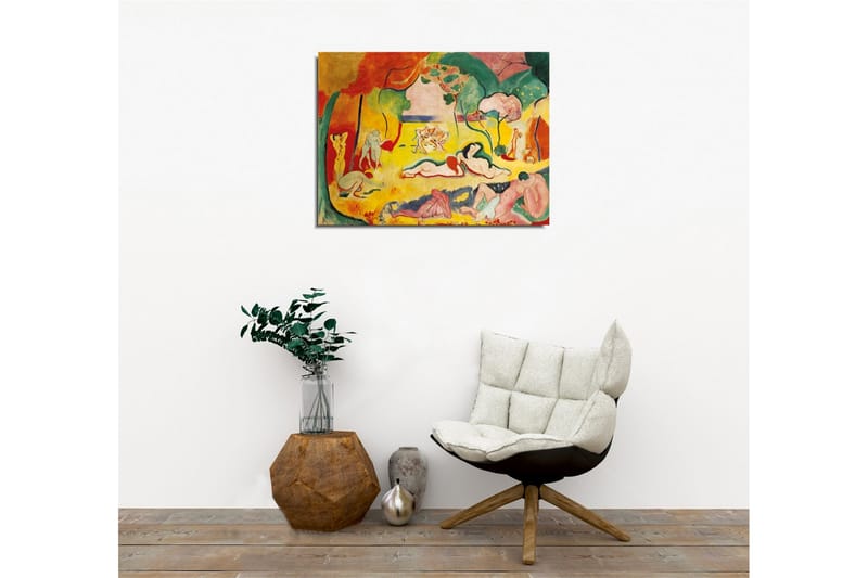 Lærredsbillede - Farverig skildring af nøgne figurer i et naturscene - Gul / Rød / Grøn - Boligtilbehør - Billeder & kunst - Billeder på lærred