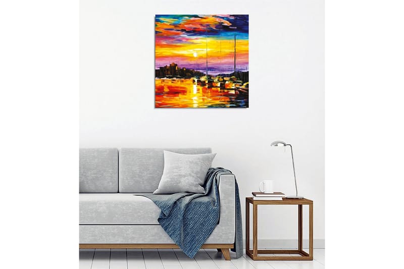 Lærredsbillede - Farverig solnedgang over en havn med sejlbåde - Orange / Lilla / Blå - Boligtilbehør - Billeder & kunst - Billeder på lærred