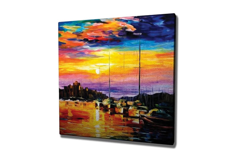 Lærredsbillede - Farverig solnedgang over en havn med sejlbåde, Orange / Lilla / Blå