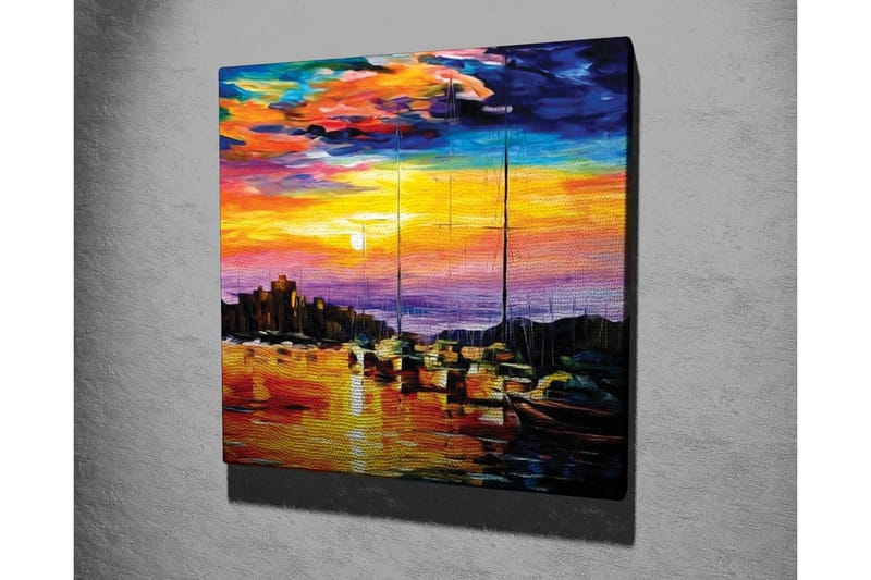 Lærredsbillede - Farverig solnedgang over en havn med sejlbåde - Orange / Lilla / Blå - Boligtilbehør - Billeder & kunst - Billeder på lærred