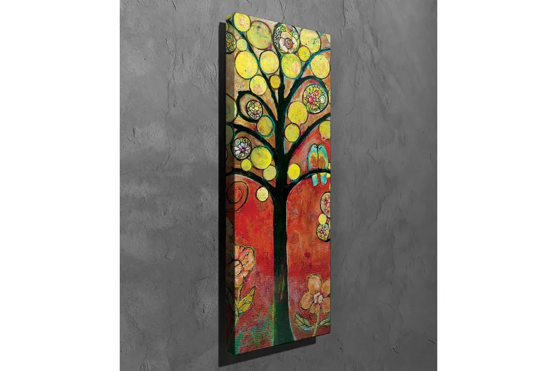 Lærredsbillede - Farverig trækonstellation med fugle og blomster - Gul / Rød / Grøn - Boligtilbehør - Billeder & kunst - Billeder på lærred