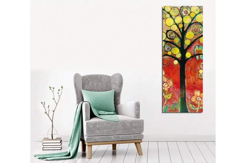 Lærredsbillede - Farverig trækonstellation med fugle og blomster - Gul / Rød / Grøn - Boligtilbehør - Billeder & kunst - Billeder på lærred