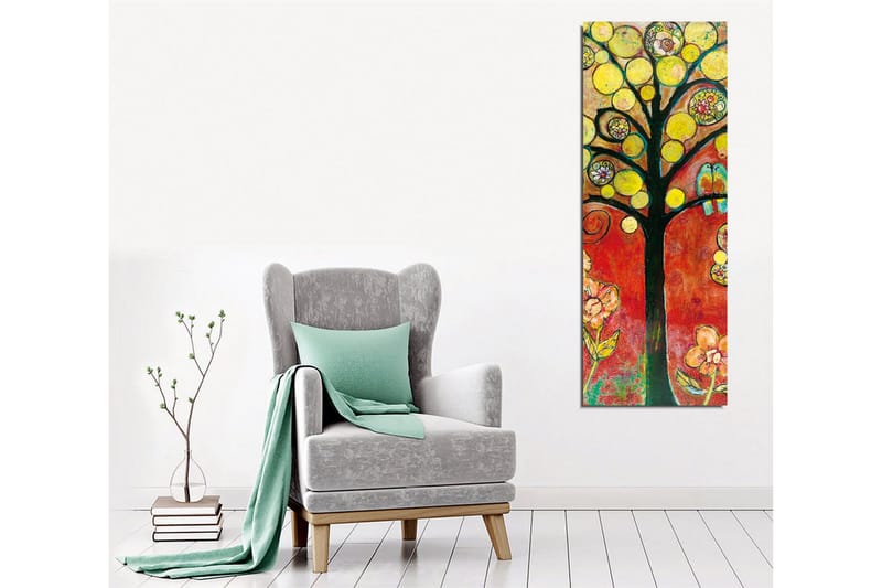 Lærredsbillede - Farverig trækonstellation med fugle og blomster - Gul / Rød / Grøn - Boligtilbehør - Billeder & kunst - Billeder på lærred