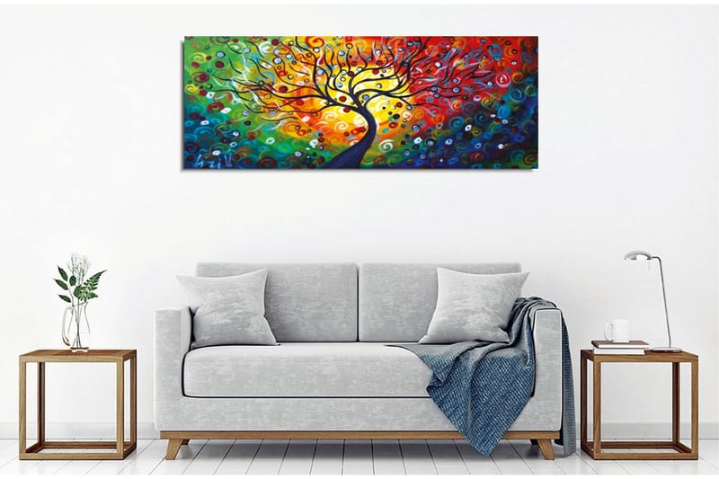 Lærredsbillede - Farverig trækonstellation med spiraler og cirkler - Rød / Grøn / Blå - Boligtilbehør - Billeder & kunst - Billeder på lærred