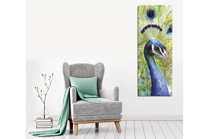 Lærredsbillede - Farverig påfugl med udsmykket fjerdragt - Blå / Grøn / Sort - Boligtilbehør - Billeder & kunst - Billeder på lærred