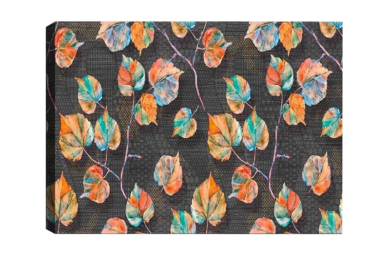 Lærredsbillede - Farverige blade mod en mørk baggrund, Grøn / Orange / Blå