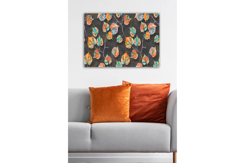 Lærredsbillede - Farverige blade mod en mørk baggrund - Grøn / Orange / Blå - Boligtilbehør - Billeder & kunst - Billeder på lærred