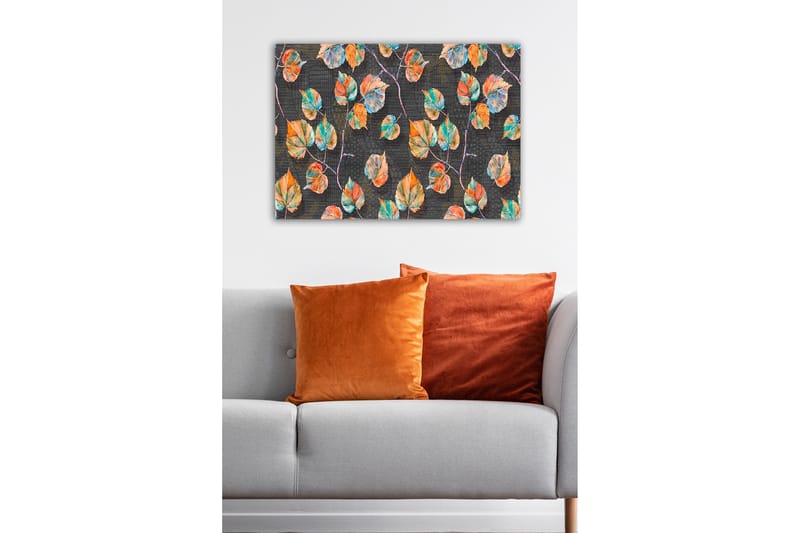 Lærredsbillede - Farverige blade mod en mørk baggrund - Grøn / Orange / Blå - Boligtilbehør - Billeder & kunst - Billeder på lærred