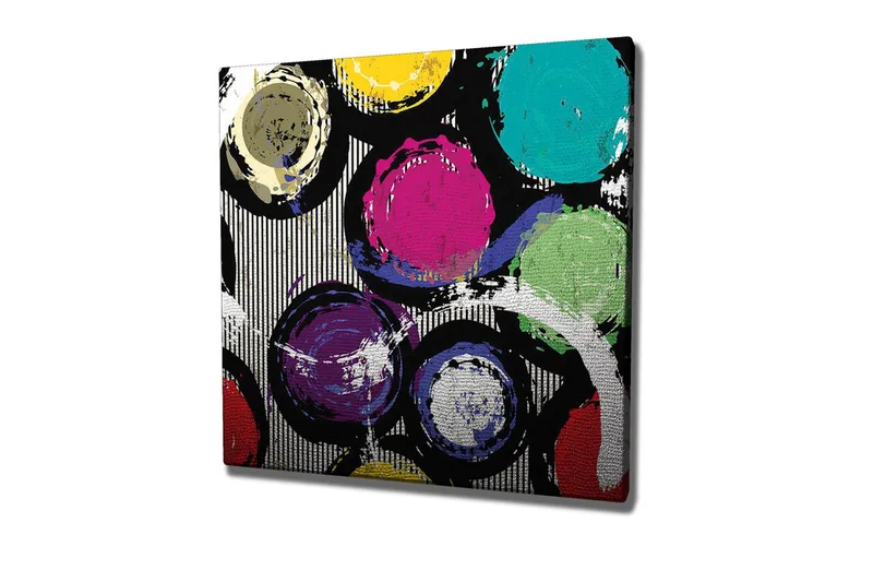 Lærredsbillede - Farverige cirkler i en dynamisk komposition, Turkis / Lilla / Gul