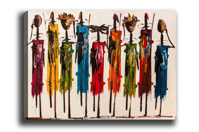 Lærredsbillede - Farverige figurer med traditionelle tøj og genstande, Rød / Grøn / Gul