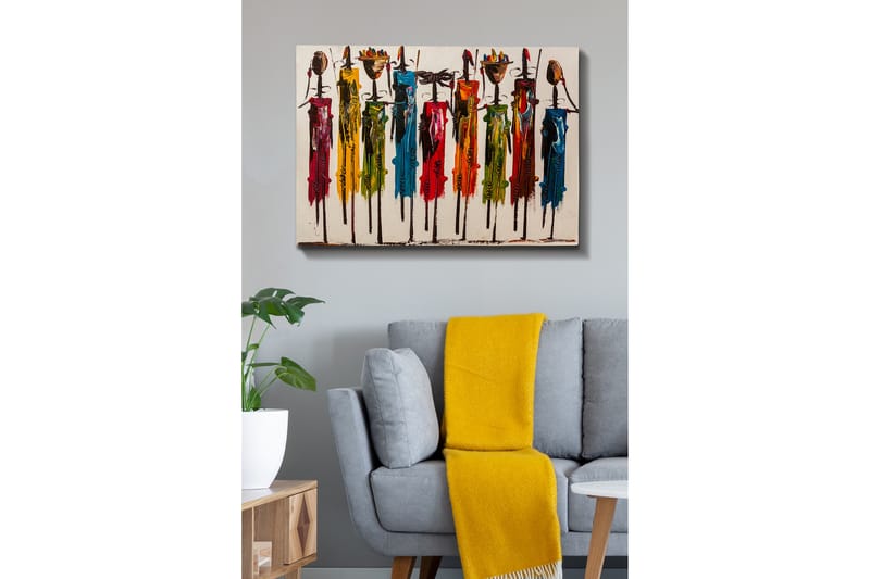 Lærredsbillede - Farverige figurer med traditionelle tøj og genstande - Rød / Grøn / Gul - Boligtilbehør - Billeder & kunst - Billeder på lærred