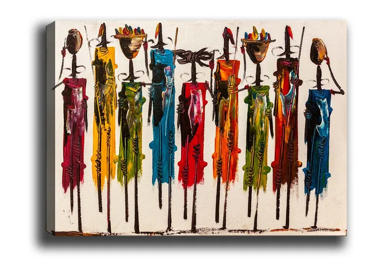 Lærredsbillede - Farverige figurer med traditionelle tøj og genstande, Rød / Grøn / Gul