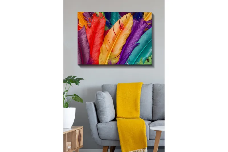 Lærredsbillede - Farverige fjer i forskellige nuancer - Rød / Lilla / Orange - Boligtilbehør - Billeder & kunst - Billeder på lærred
