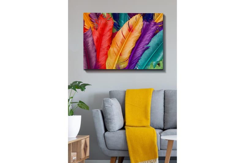 Lærredsbillede - Farverige fjer i forskellige nuancer - Rød / Lilla / Orange - Boligtilbehør - Billeder & kunst - Billeder på lærred