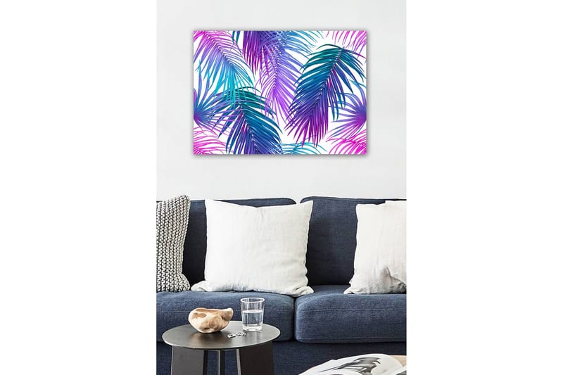 Lærredsbillede - Farverige palmeblade i en levende komposition - Lilla / Turkis / Blå - Boligtilbehør - Billeder & kunst - Billeder på lærred