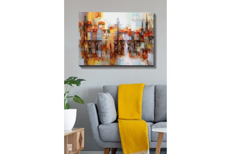 Lærredsbillede - Farverigt bybillede med historiske bygninger og broer - Orange / Blå / Beige - Boligtilbehør - Billeder & kunst - Billeder på lærred