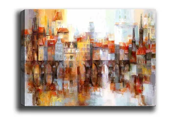 Lærredsbillede - Farverigt bybillede med historiske bygninger og broer - Orange / Blå / Beige - Boligtilbehør - Billeder & kunst - Billeder på lærred
