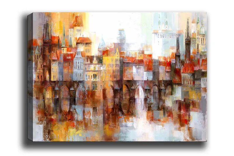 Lærredsbillede - Farverigt bybillede med historiske bygninger og broer, Orange / Blå / Beige
