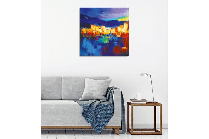 Lærredsbillede - Farverigt bybillede ved vandet med refleksioner - Blå / Orange / Gul - Boligtilbehør - Billeder & kunst - Billeder på lærred