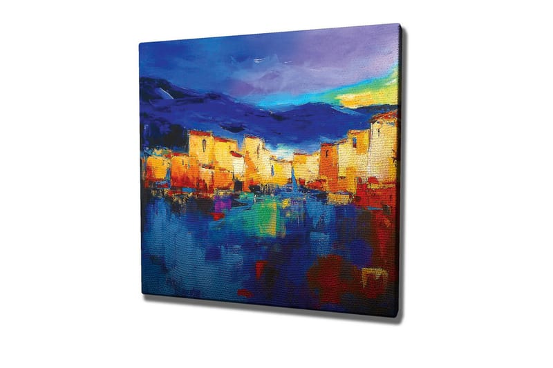 Lærredsbillede - Farverigt bybillede ved vandet med refleksioner, Blå / Orange / Gul