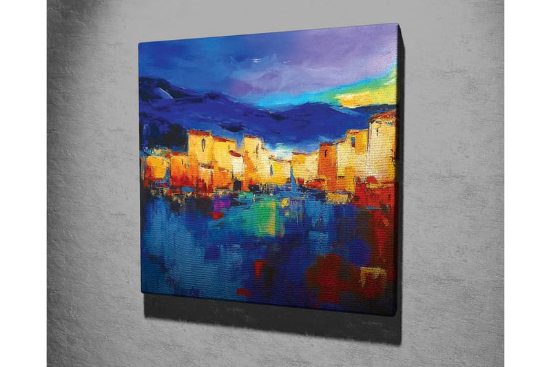 Lærredsbillede - Farverigt bybillede ved vandet med refleksioner - Blå / Orange / Gul - Boligtilbehør - Billeder & kunst - Billeder på lærred