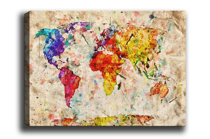 Lærredsbillede - Farverigt verdenskort med abstrakte former, Blå / Rød / Gul