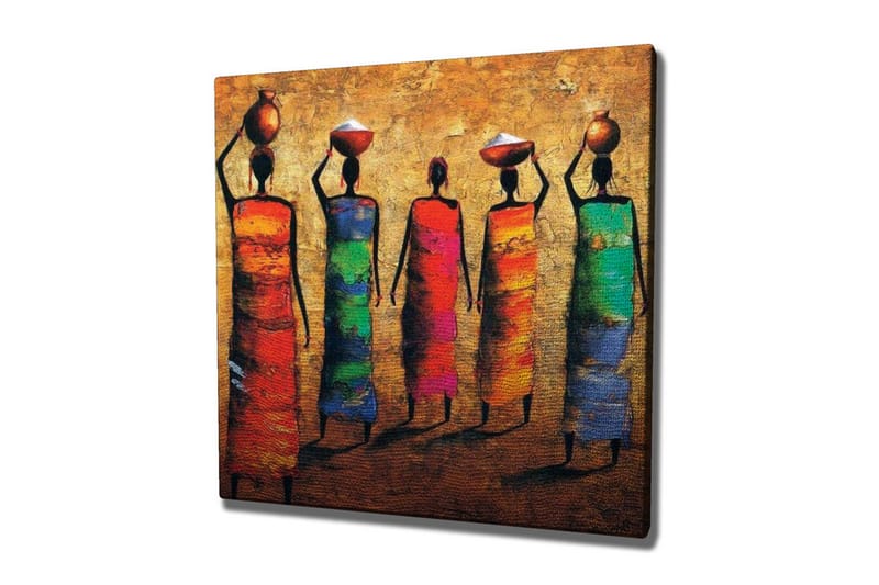 Lærredsbillede - Fem kvinder i farverige kjoler, der bærer potter på hovedet, Rød / Grøn / Blå