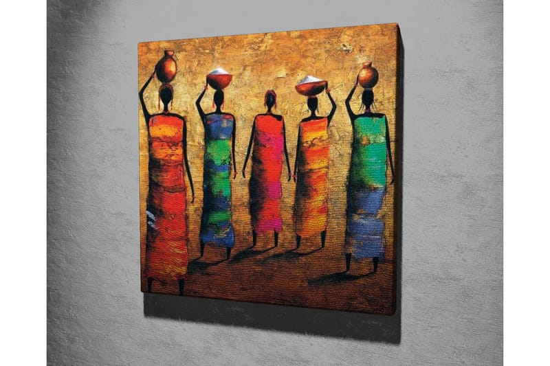 Lærredsbillede - Fem kvinder i farverige kjoler, der bærer potter på hovedet - Rød / Grøn / Blå - Boligtilbehør - Billeder & kunst - Billeder på lærred