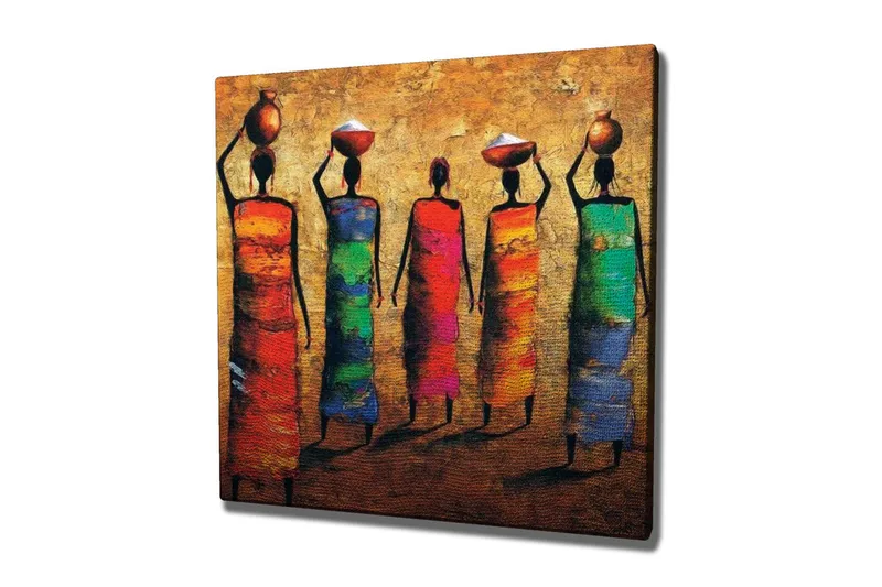 Lærredsbillede - Fem kvinder i farverige kjoler, der bærer potter på hovedet, Rød / Grøn / Blå