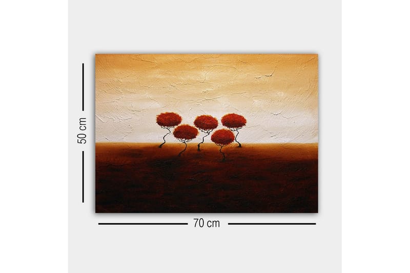 Lærredsbillede - Fem stiliserede træer med rødligt løv mod en varm, gylden baggrund - Rød / Brun / Beige - Boligtilbehør - Billeder & kunst - Billeder på lærred