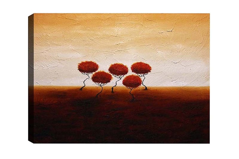 Lærredsbillede - Fem stiliserede træer med rødligt løv mod en varm, gylden baggrund, Rød / Brun / Beige