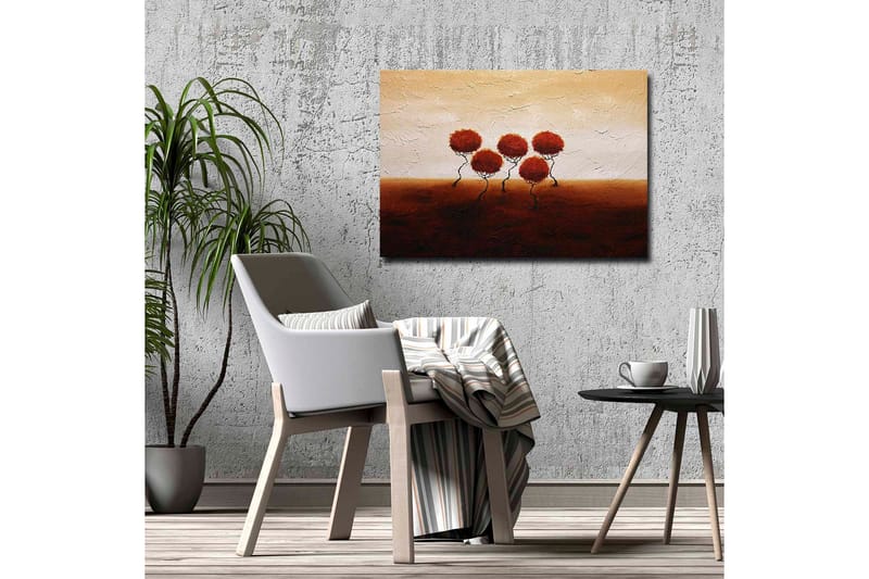 Lærredsbillede - Fem stiliserede træer med runde, røde kroner på en blødt bølgende baggrund - Rød / Brun / Beige - Boligtilbehør - Billeder & kunst - Billeder på lærred