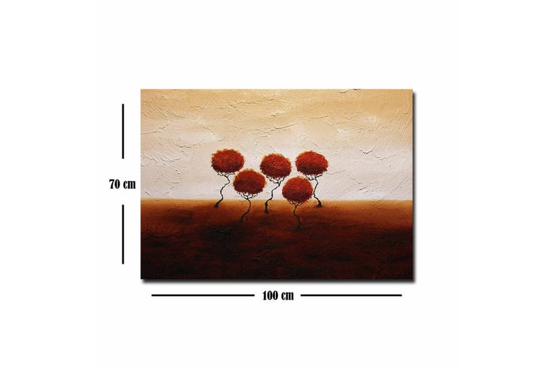 Lærredsbillede - Fem stiliserede træer med runde, røde kroner på en blødt bølgende baggrund - Rød / Brun / Beige - Boligtilbehør - Billeder & kunst - Billeder på lærred