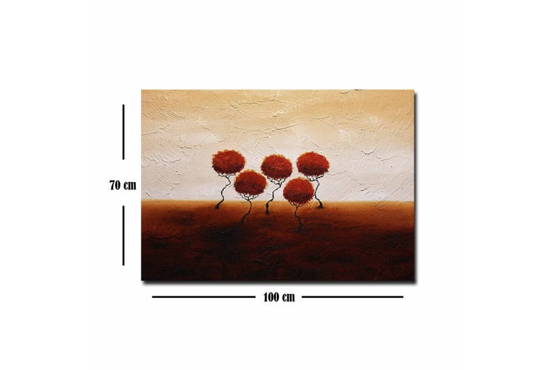 Lærredsbillede - Fem stiliserede træer med runde, røde kroner på en blødt bølgende baggrund - Rød / Brun / Beige - Boligtilbehør - Billeder & kunst - Billeder på lærred